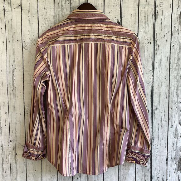 Robert Graham Womens Embroidered Button Up Top Size M Flip Cuff Pleated Striped - Picture 8 of 14